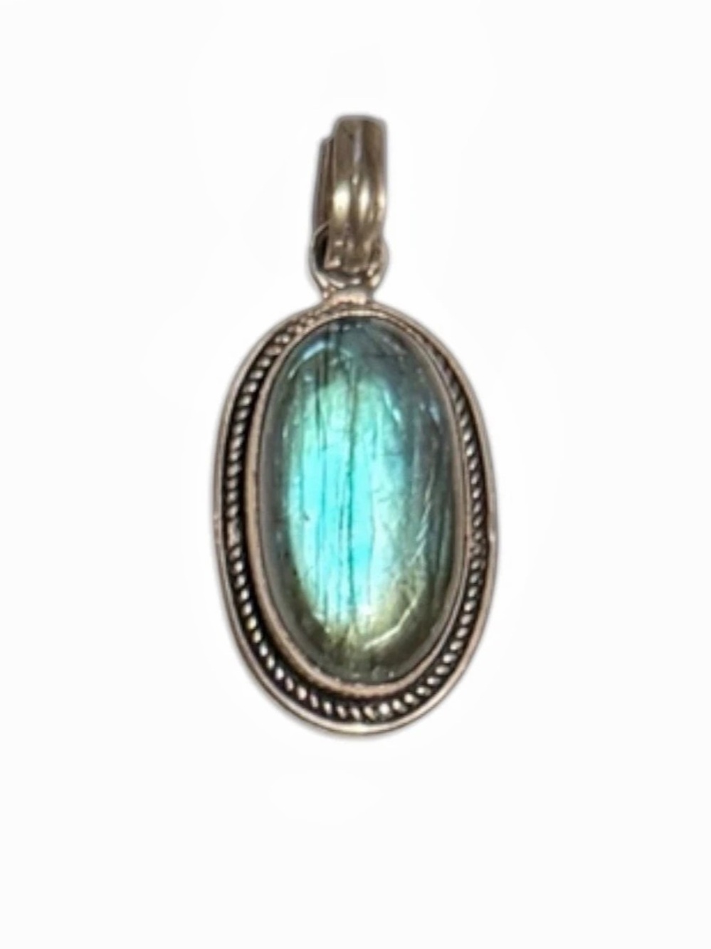 Vintage Handcrafted Oval Labradorite Pendant With Ornate Rope & Bead Border